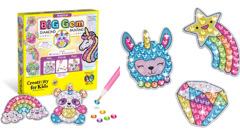 Rhinestone stickers in the shapes of unicorns, diamonds, and shooting stars.