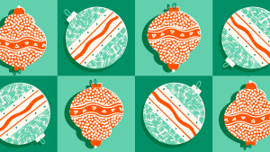 An illustrated design of green and red ornaments.