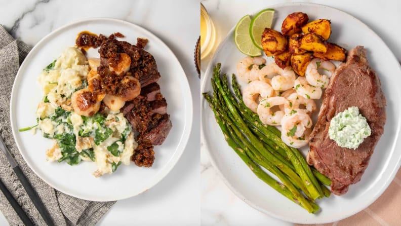 On left, sliced steak served with mashed potatoes. On right, full steak served with shrimp, sweet potatoes, and asparagus.