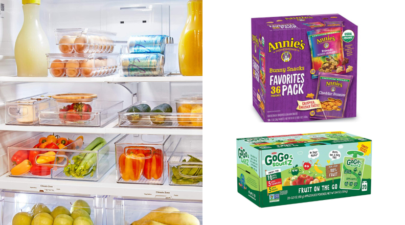 A refrigerator is organized with plastic bins pictured next to a box of Annie's crackers and cookies and Go Go Squeez packets for kids