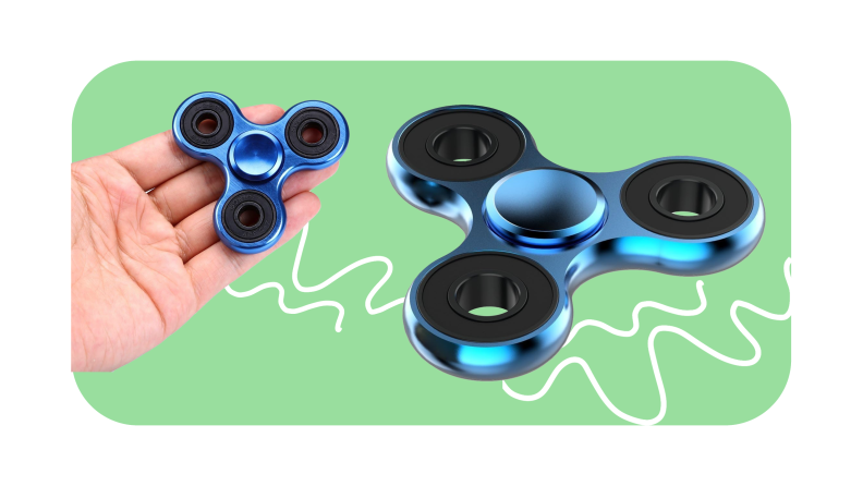 Hand holding black and metallic blue fidget spinner toy next to enlarged black and metallic blue fidget spinner toy.