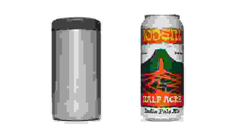 Can insulator on the left and beer can with colorful design on the right