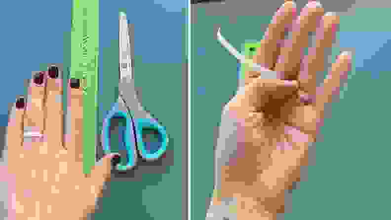 A split of a hand, ruler and scissors and a photo of a hand with a thin strap of paper wrapped around the ring finger