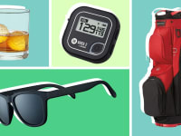collage of sunglasses. whisky glass, red golf bag, and gos range finder