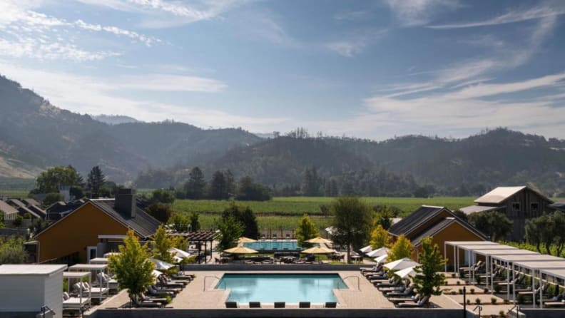 resort pool with mountains in background