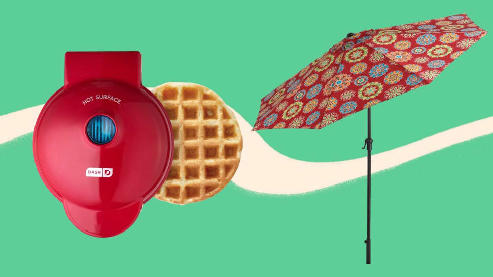 red waffle maker, red umbrella