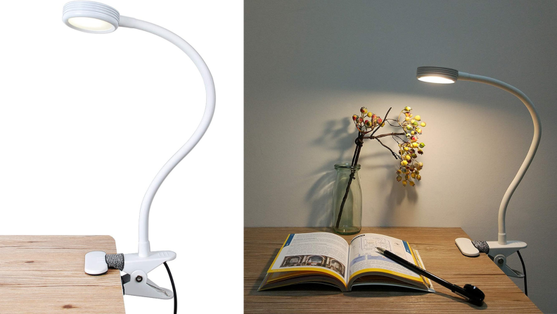 A clip-on reading lamp illuminates a desk.