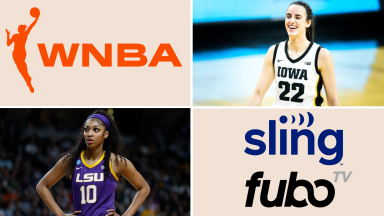 A collage with Angel Reese and Caitlin Clark and the Sling TV, FuboTV, and WNBA logos.