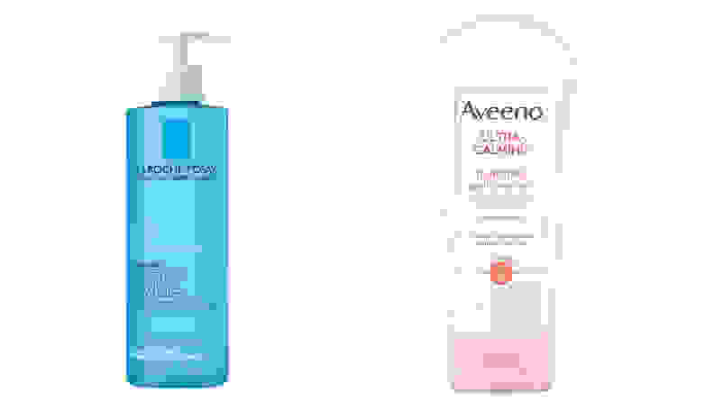 A side-by-side photo of the La Roche-Posay Toleriane Purifying Foaming Face Cleanser and the Aveeno Ultra-Calming Hydrating Gel Facial Cleanser.