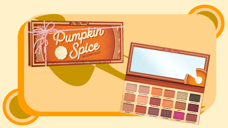 Open and closed fall-themed eyeshadow pallet with assorted colors.