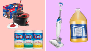 O-Cedar Microfiber Mop, Clorox wipes, Bissell PowerFresh Steam Mop, Dr. Bronners pure castile soap.