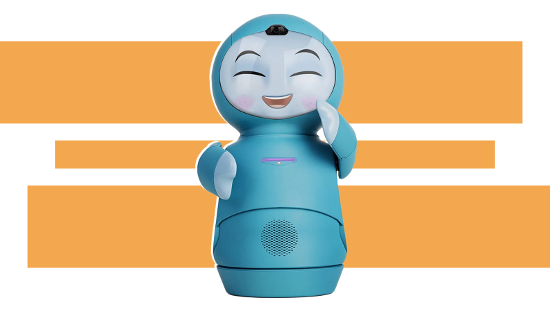 The Moxie robot companion, with a teal body and gray face, smiles with eyes closed in front of an orange and white background.
