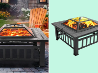 A collage with a Uhomepro fire pit in a backyard and on a green background.