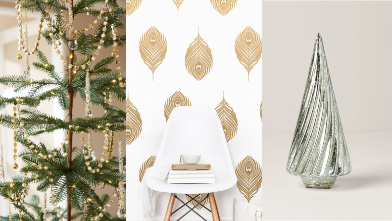 On left, small Christmas tree with rhinestone garland. In middle, gold and white peacock wallpaper behind chair holding books. On right, metallic glass Christmas tree.