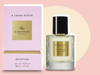 Glasshouse Fragrances A Tahaa Affair Devotion perfume against a red and white background.