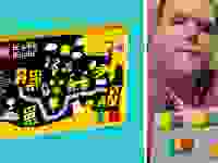 On the left a Lego box of Braille Bricks and on the right, a man with Braille Bricks.