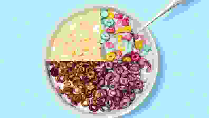 A photoshopped cereal bowl (complete with a spoon) is divided into fourths, each filled with milk and a different variety of Magic Spoon cereal.