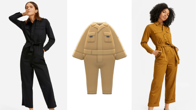 Two images of a jumpsuit and a similar one in Animal Crossing.