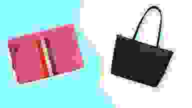 A pink Coach wallet and a black Coach shoulder bag.