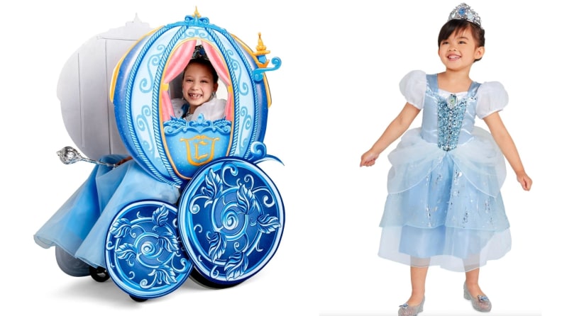 A child in a wheelchair that is made to look like Cinderella's carriage and a standing Cinderella.