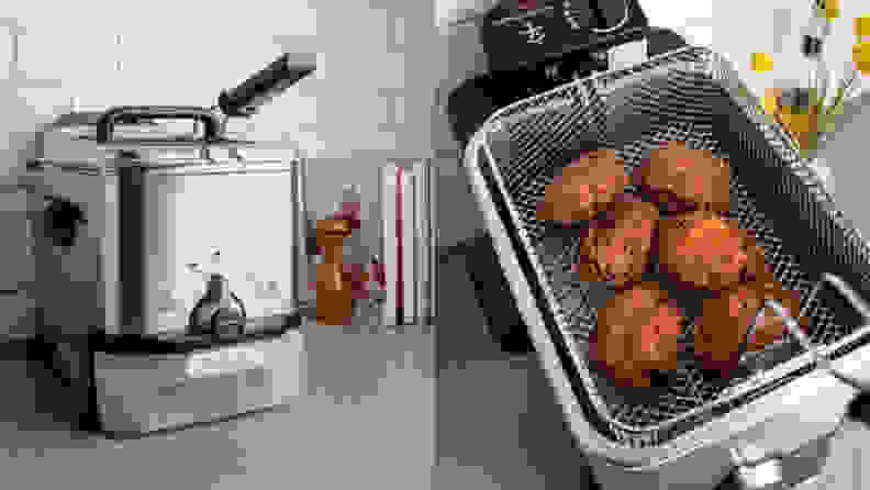 Two photographs show the outside and inner basket of a T-Fal deep fryer.