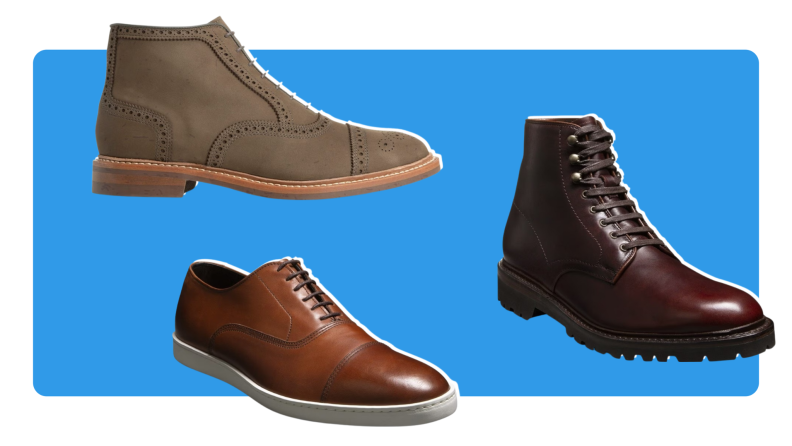 Three pairs of leather shoes: A suede wingtip boot, a brown leather boot, and a brown leather sneaker.