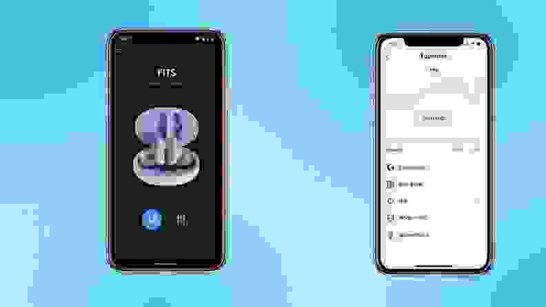 Two smartphone renders featuring screenshots of the Logitech G Fits app.