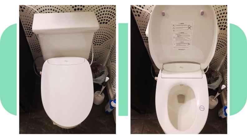 On left, Bio Bidet Discovery DLS smart seat attached to porcelain toilet. On right, On left, Bio Bidet Discovery DLS smart seat attached to porcelain toilet with lid open.