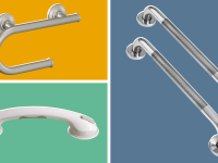 The Zuext, Moen, and Safe-er-Grip grab bars pictured together on a colorful background