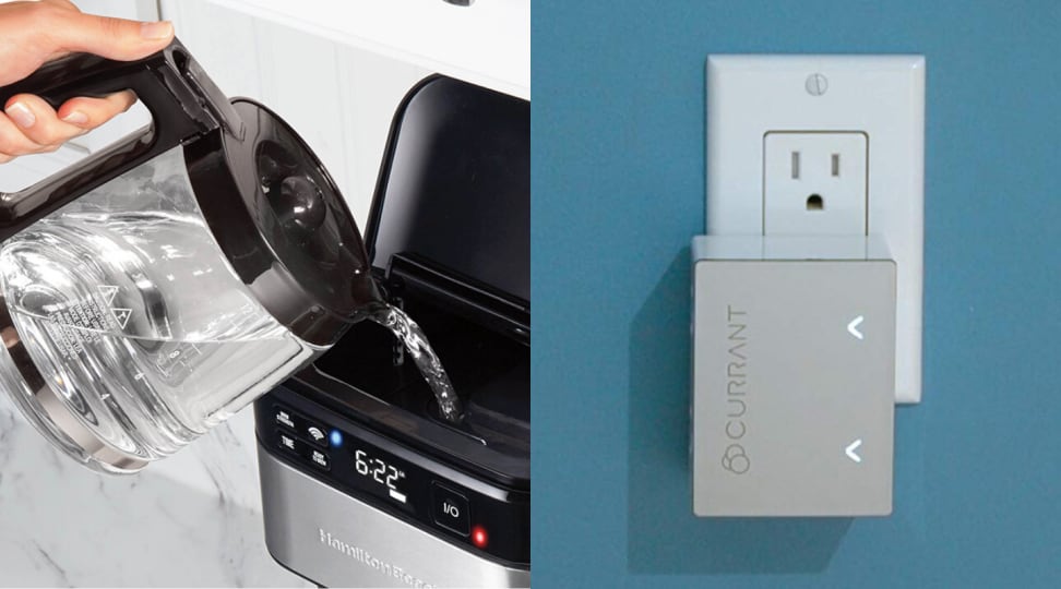 Hamilton Beach's smart coffee maker that works with Alexa is pictured next to the Currant Smart Outlet.