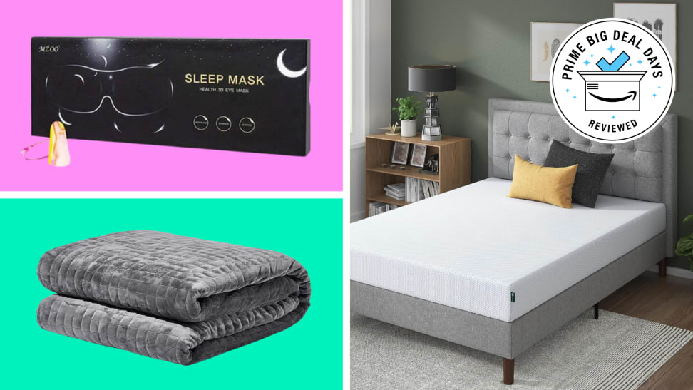A sleep mask, a weighted blanket, and a mattress.