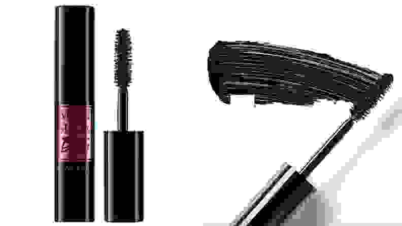 On left, tube of black and pink mascara from Lancôme. On right, black mascara brush.