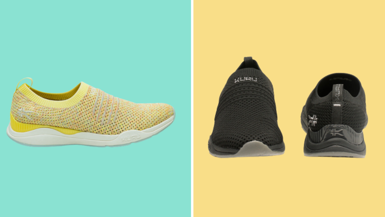 Two pairs of sneakers: On the left is a knit yellow sneaker, and on the right is a pair of black sneakers.