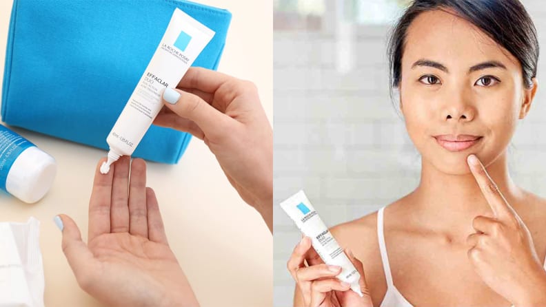 On the left: A hand stretched out with a slim white tub of gel hovered over it to squeeze out product. On the right: A person applying a dot of gel to their face.
