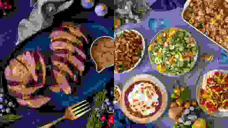 On left, sliced meat topped with gravy on a blue background. On right, a spread of holiday dishes on a blue background