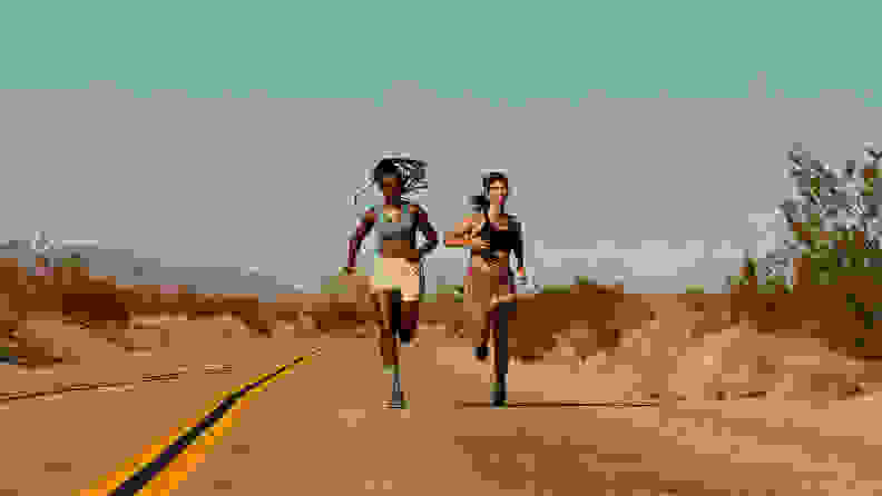 Women running in desert in lululemon airsupport bras