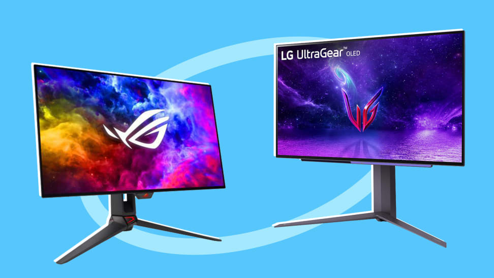 Asus ROG Swift OLED PG27AQDM and LG UltraGear 27GR95QE-B gaming monitors side by side.