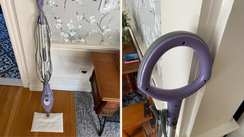A split image of the Shark Steam Pocket Mop resting against a wall and a close-up of its handle.