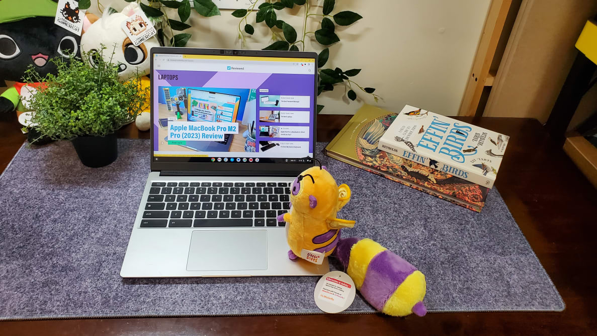 An open and powered on silver laptop on top of a blue-gray desk mat flanked by plushies and books