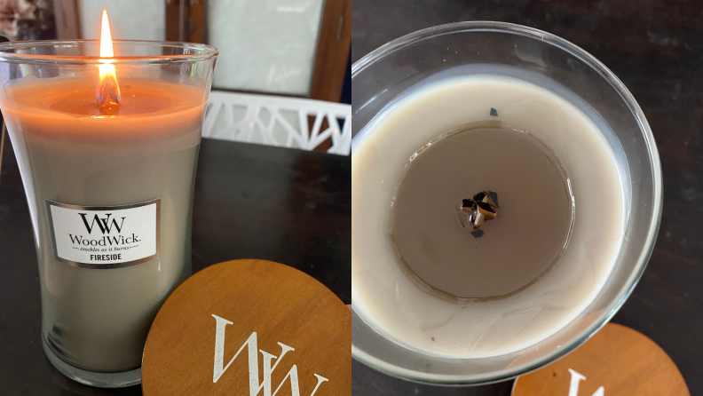 Two photographs of a Woodwick candle: one with the wick lit and the other unlit.