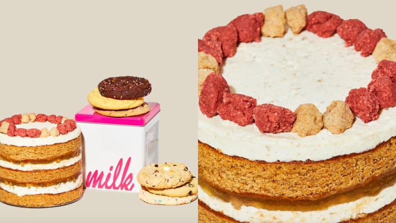 On left, a three-tiered cake next to a box of cookies. On right, a close-up of the cake.