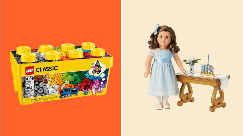 On the left: A bin of classic legos. On the right: Rebecca Rubin American Girl doll with her menorah play set.