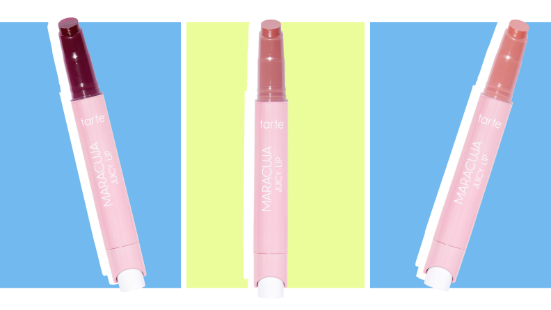 Three tubes of Tarte lip plumper against a blue and green background.