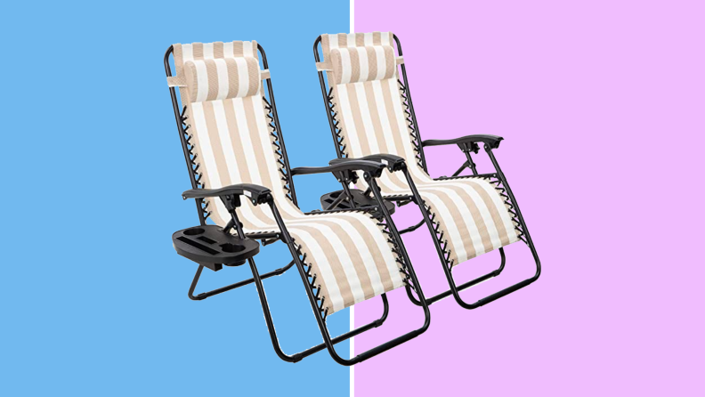 An image of two striped tan and white patio recliners.