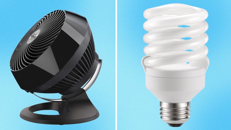 On left, small black fan turned to the side. On right, single soft-white Fluorescent T2 Twister light bulb.