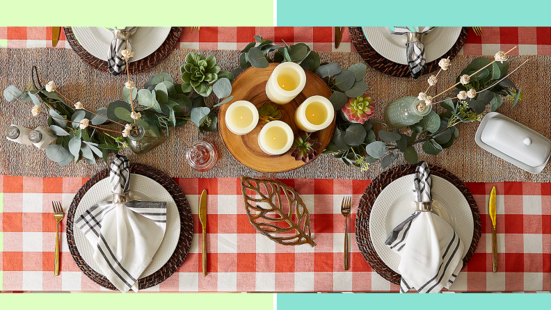 A red and white table runner