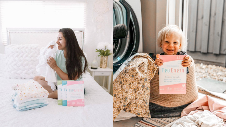 Mom smelling laundry and kid in basket.