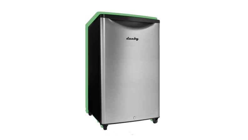 Small stainless steel refrigerator against a white background.