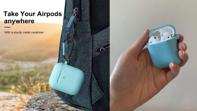 A split image: On the left, a small blue case is clipped onto a backpack. On the right, the case is open, revealing a pair of AirPod wireless earbuds.
