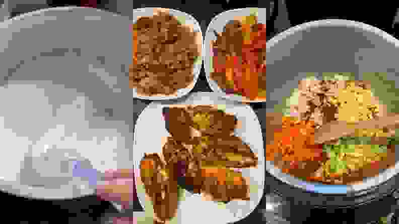 Three images of food being prepared and served for a dinner.